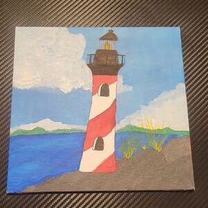 Lighthouse Canvas Art with Red and Blue Accents